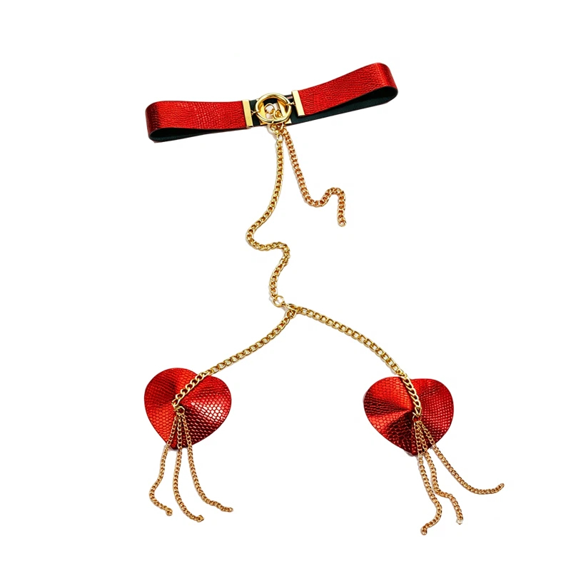 Nipple Cover Pasties - Vrouwelijke metalen ketting-bonden tepelbedekker met bondage-kraag,